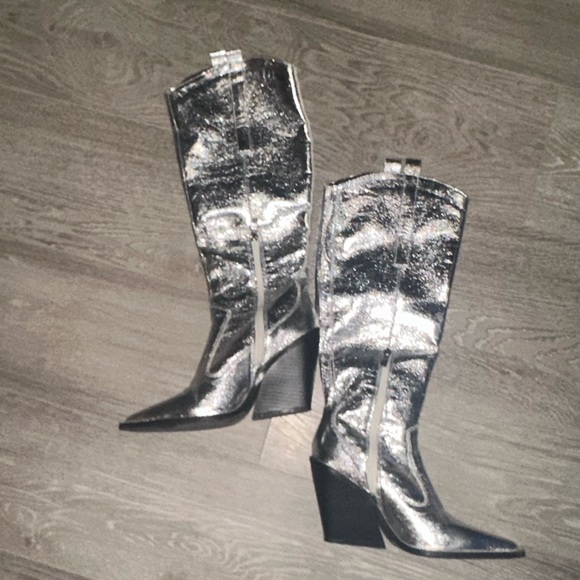 Silver Metallic Western Pointed Wedge Heeled Knee Boots - Picture 7 of 7